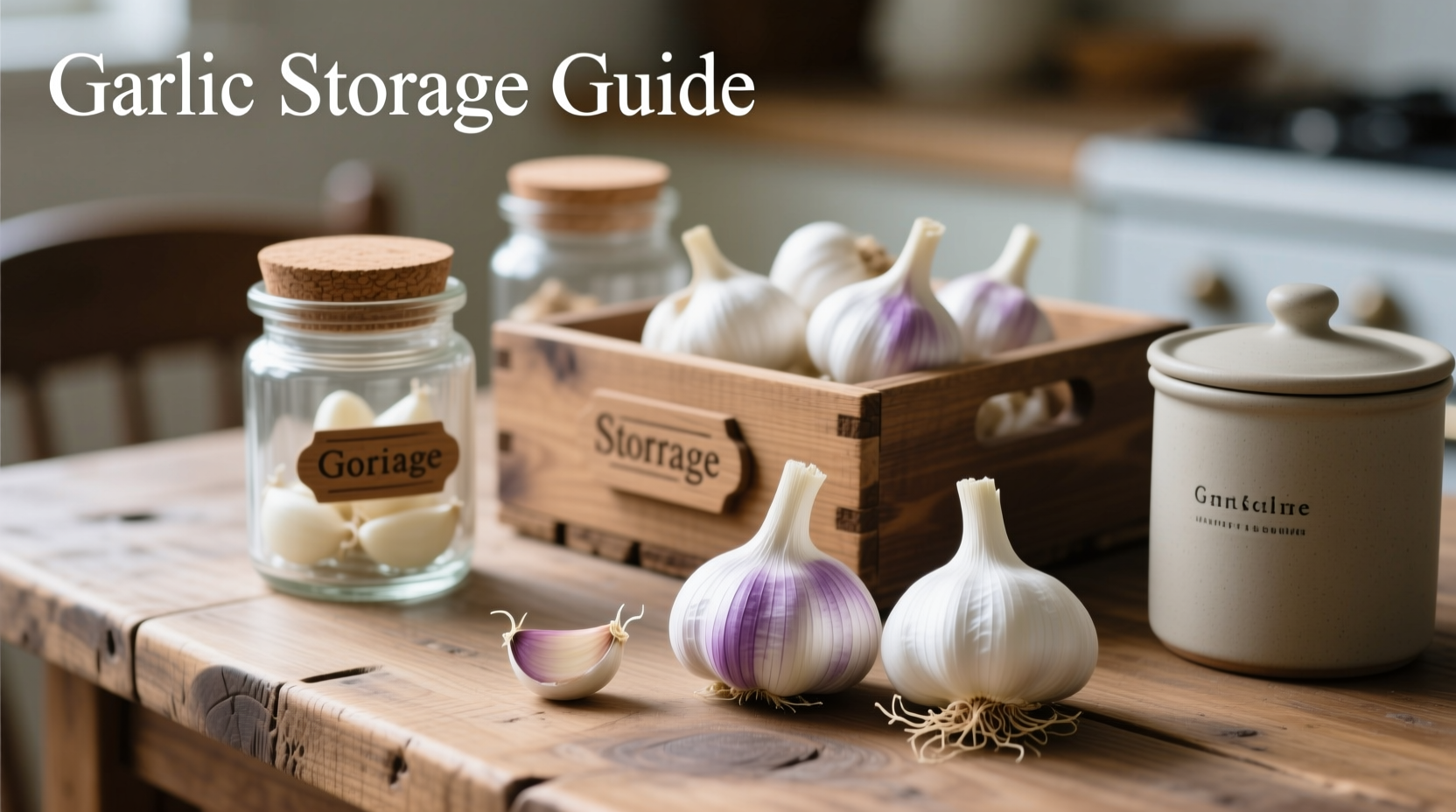 Fresh garlic cloves in various storage containers