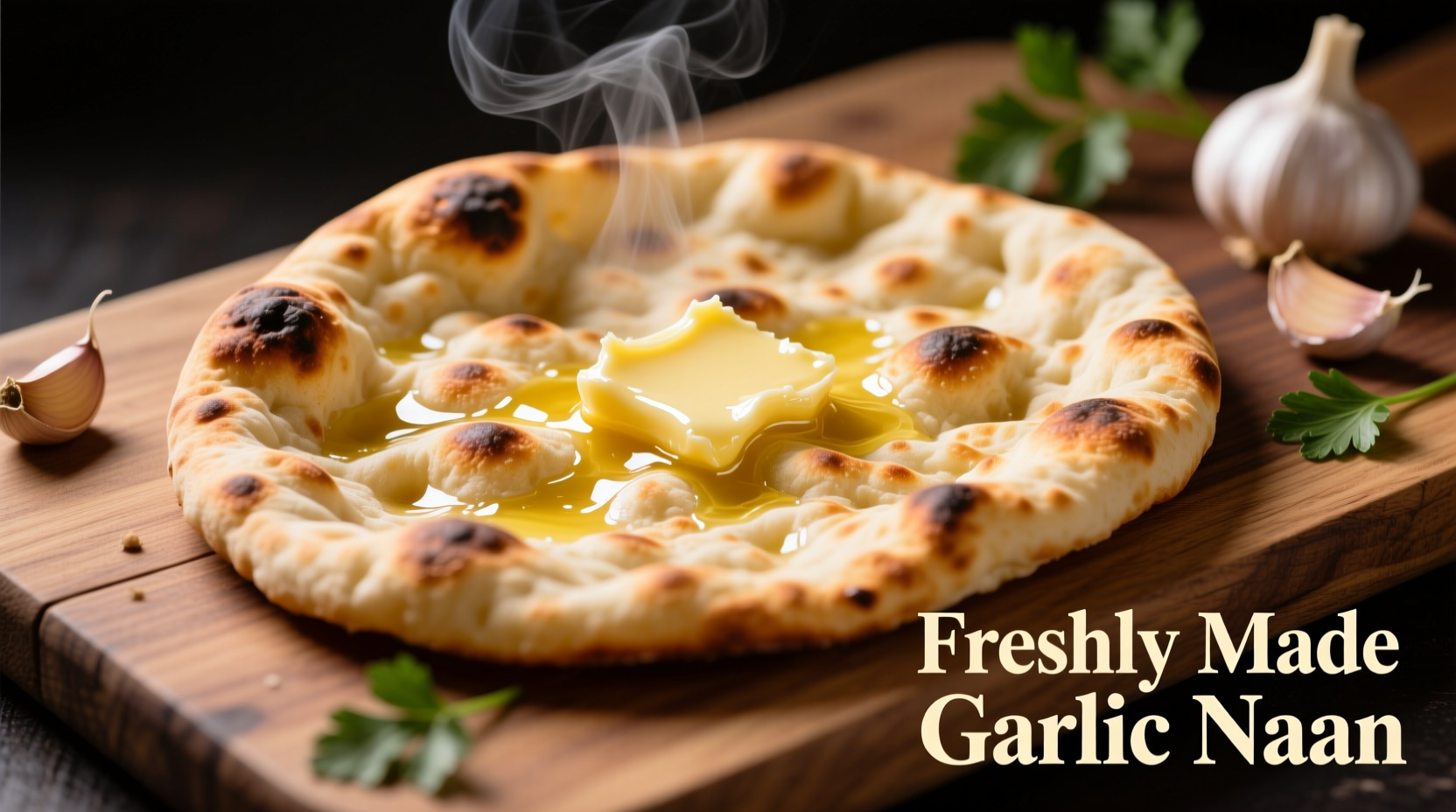 Freshly made garlic naan brushed with garlic butter