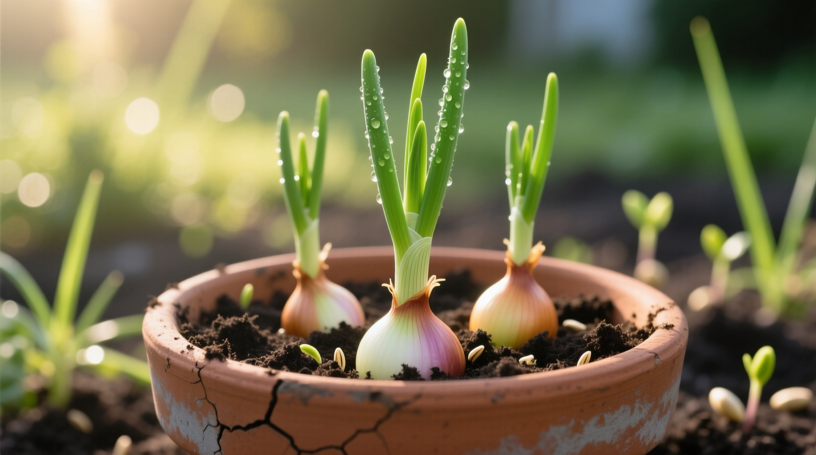 Onion sets planted in terracotta container with green shoots