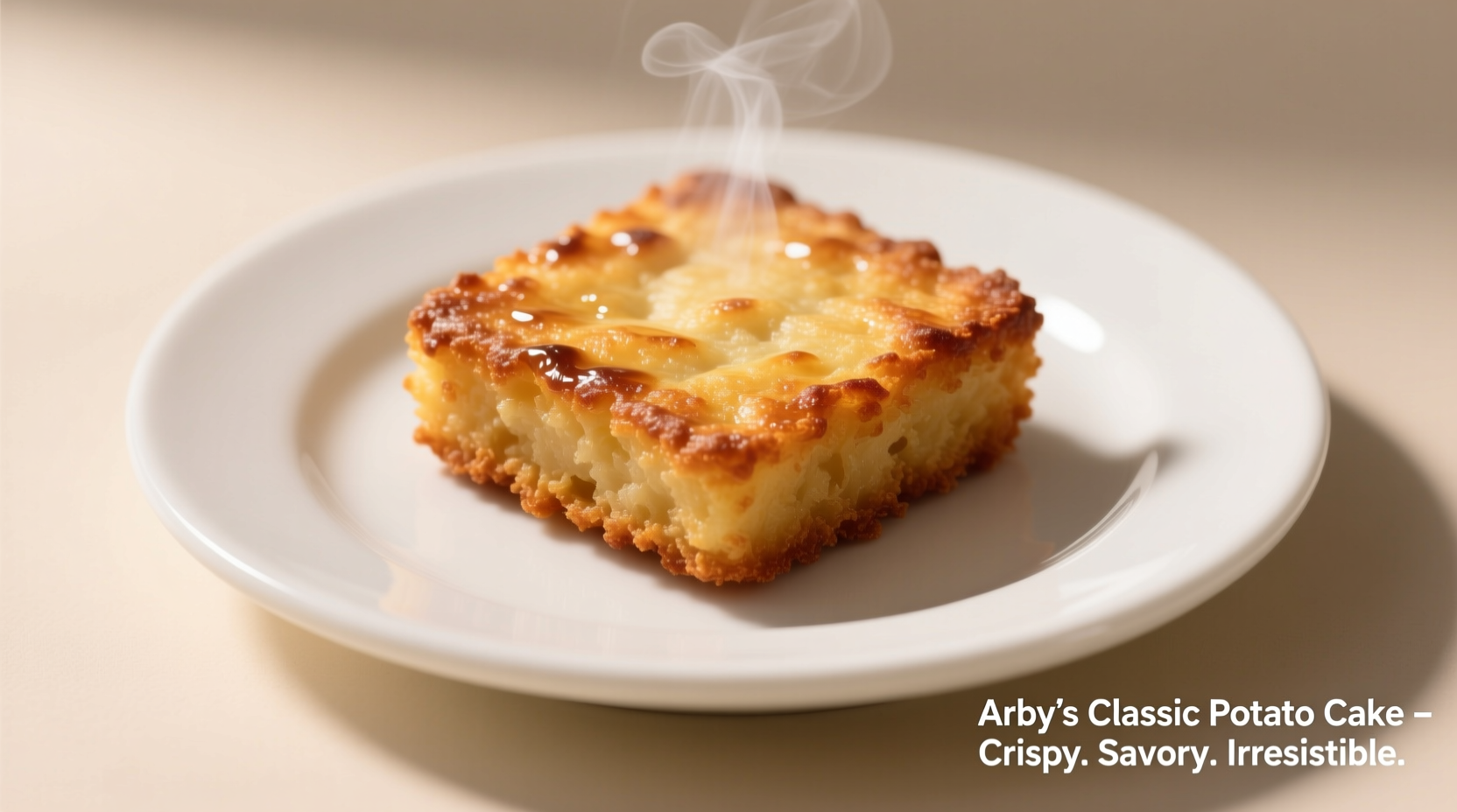Golden brown Arby's potato cake square on white plate
