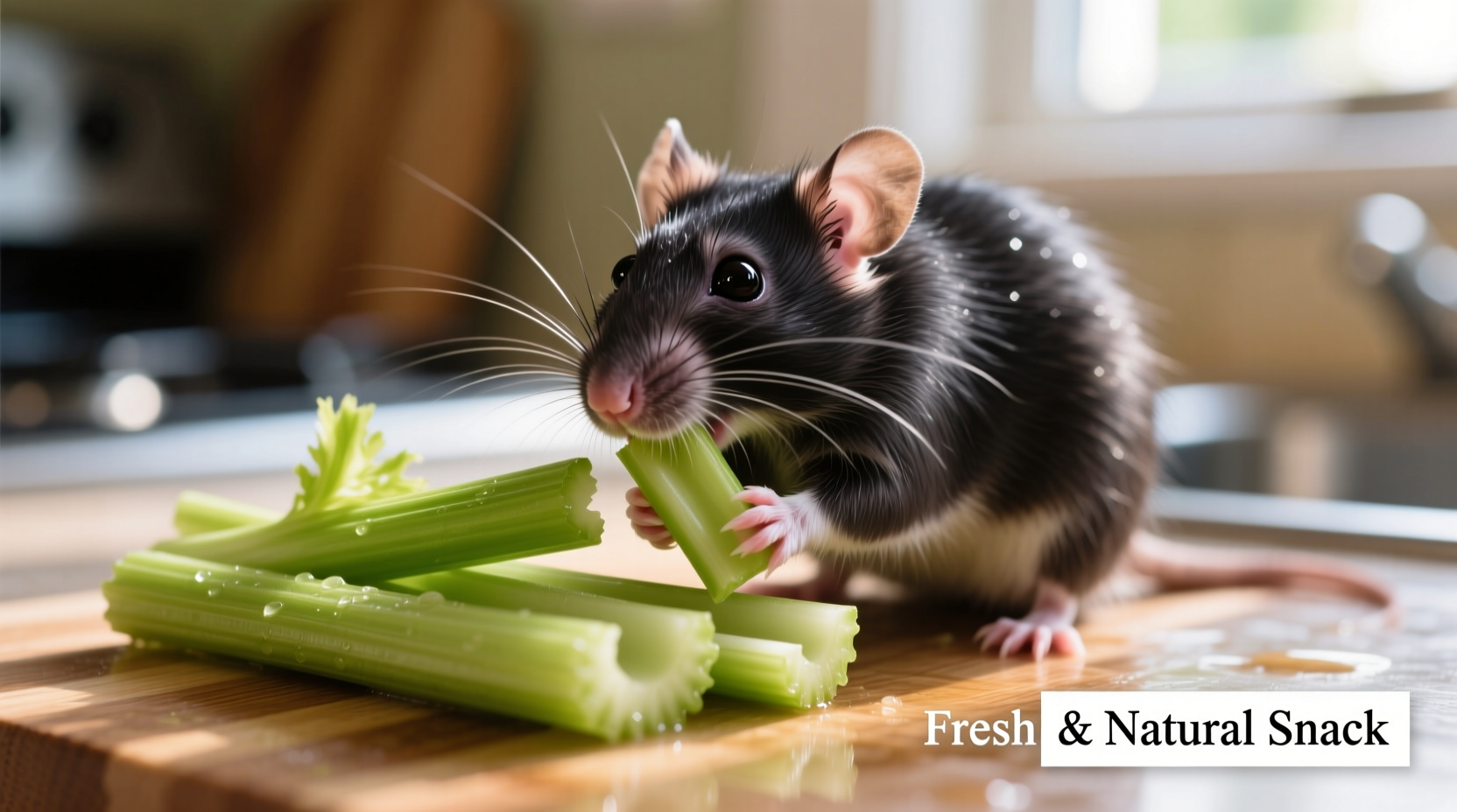 Pet rat nibbling on properly prepared celery pieces