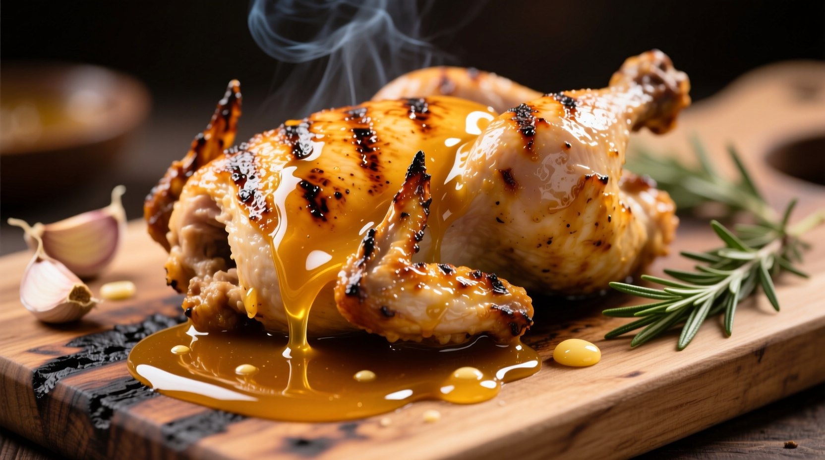 Golden honey garlic sauce drizzled over grilled chicken