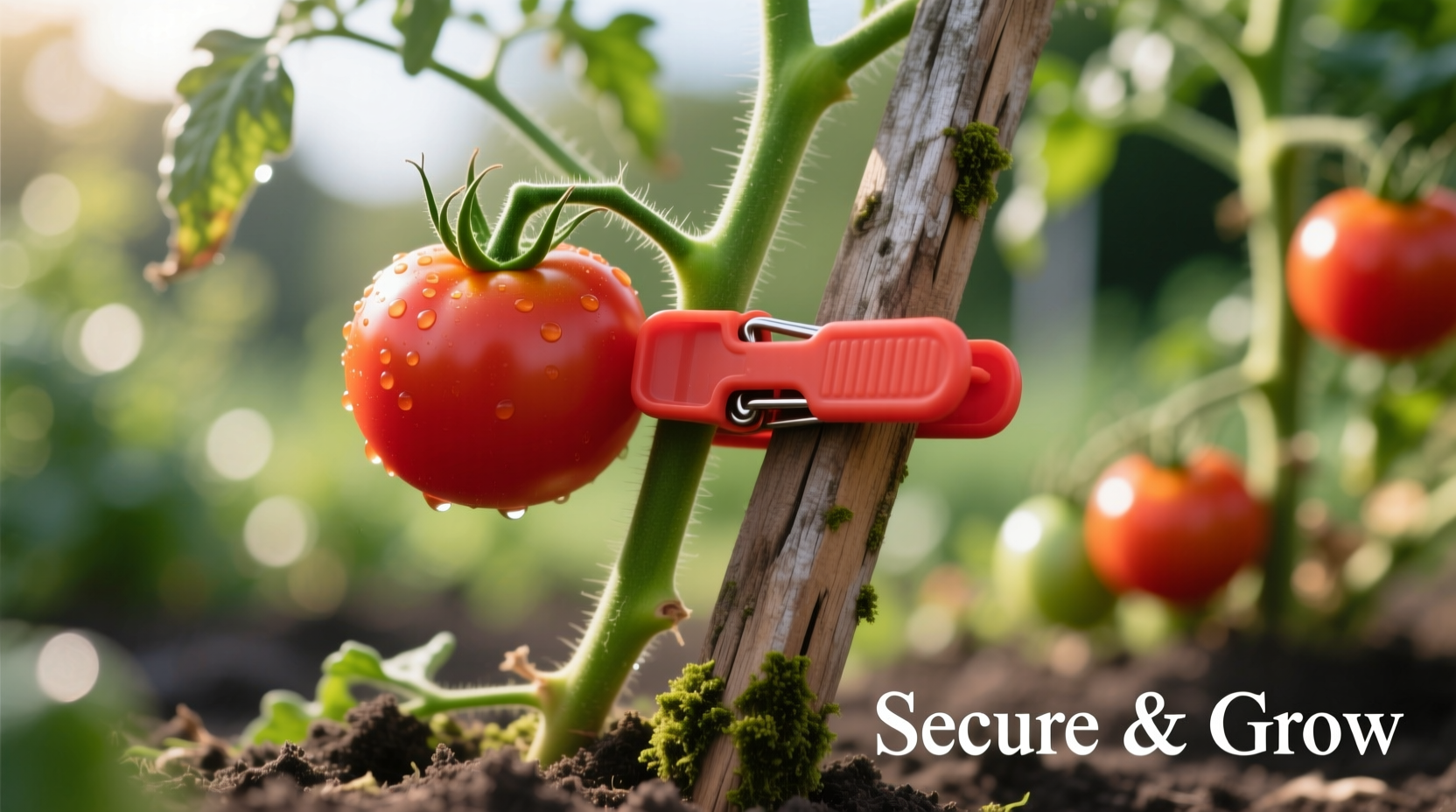 Tomato clip securing plant stem to wooden stake in garden