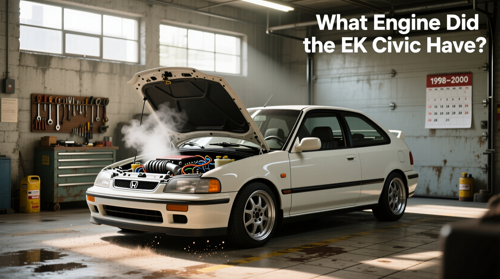 Front three-quarter view of 2000 Honda Civic EK hatchback parked on residential street