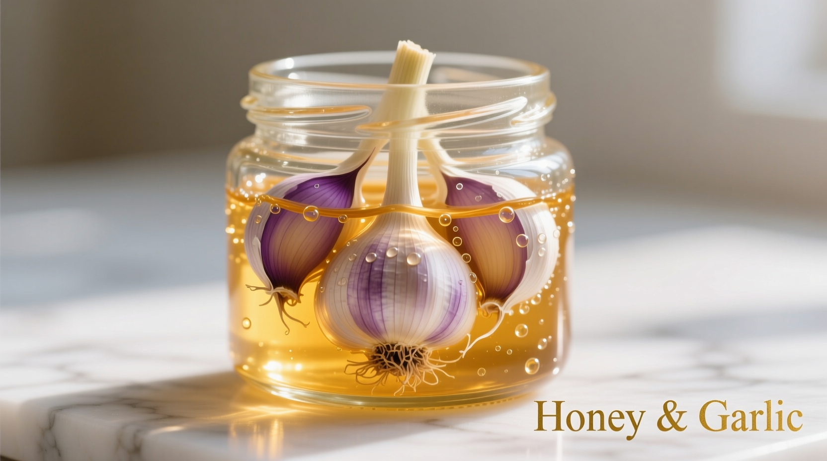Fresh garlic cloves submerged in raw honey in glass jar