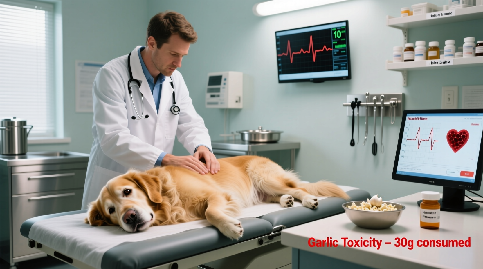 Veterinarian examining dog with garlic toxicity
