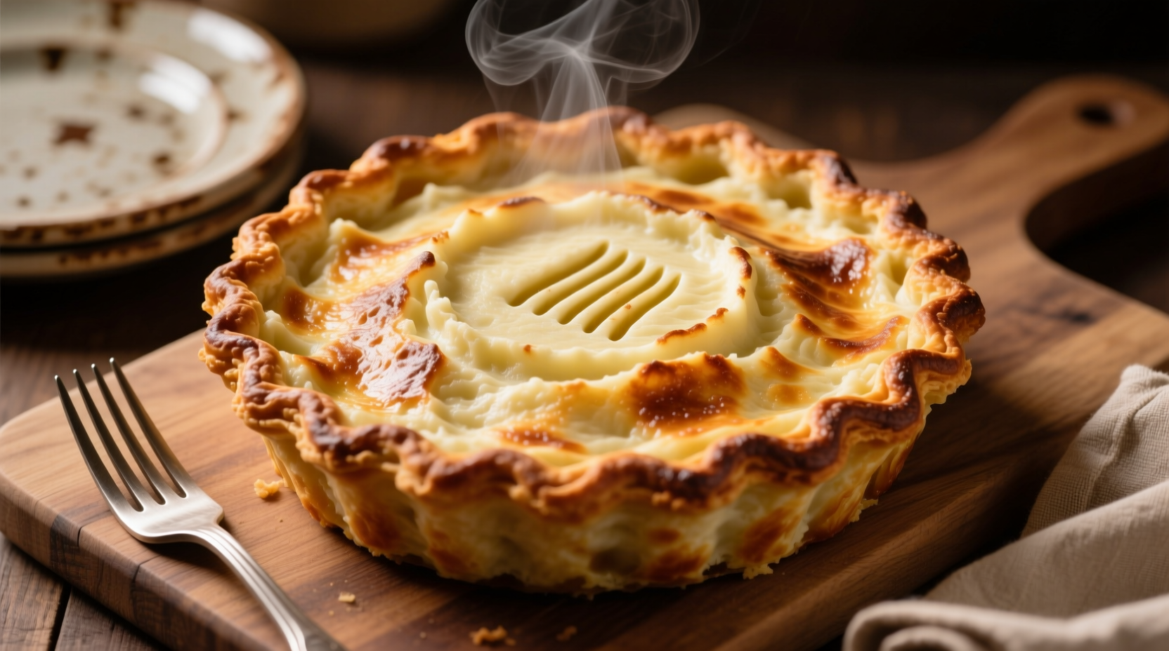 Golden brown shepherd's pie with fork texture on mashed potato topping