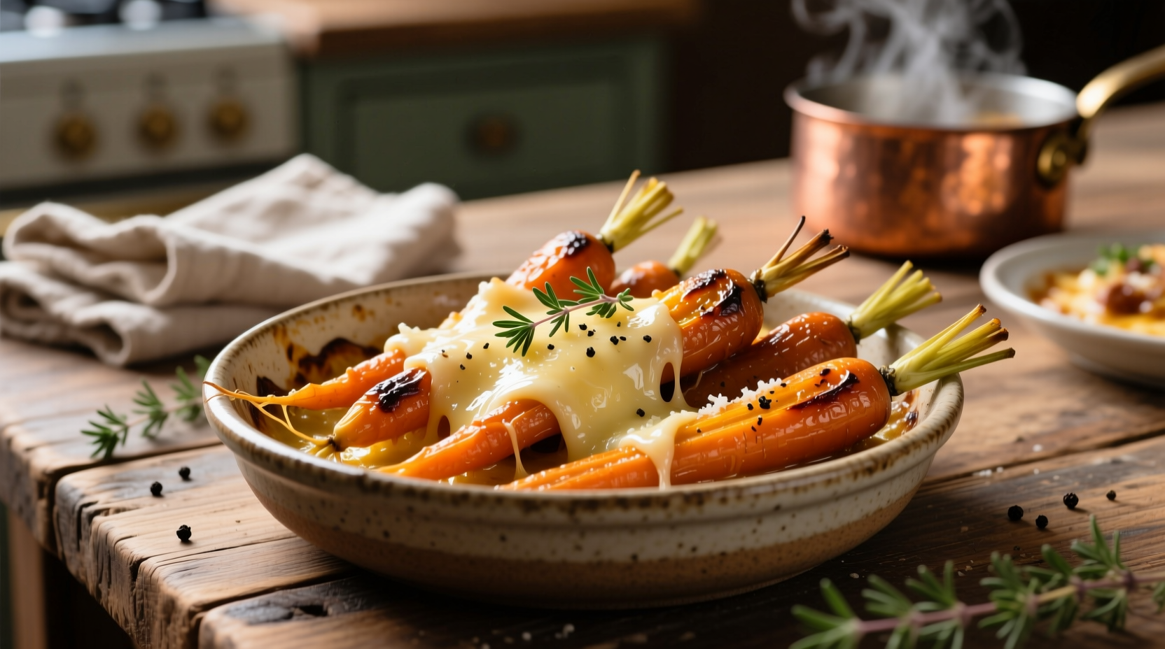 Close-up of golden roasted carrots with melted parmesan