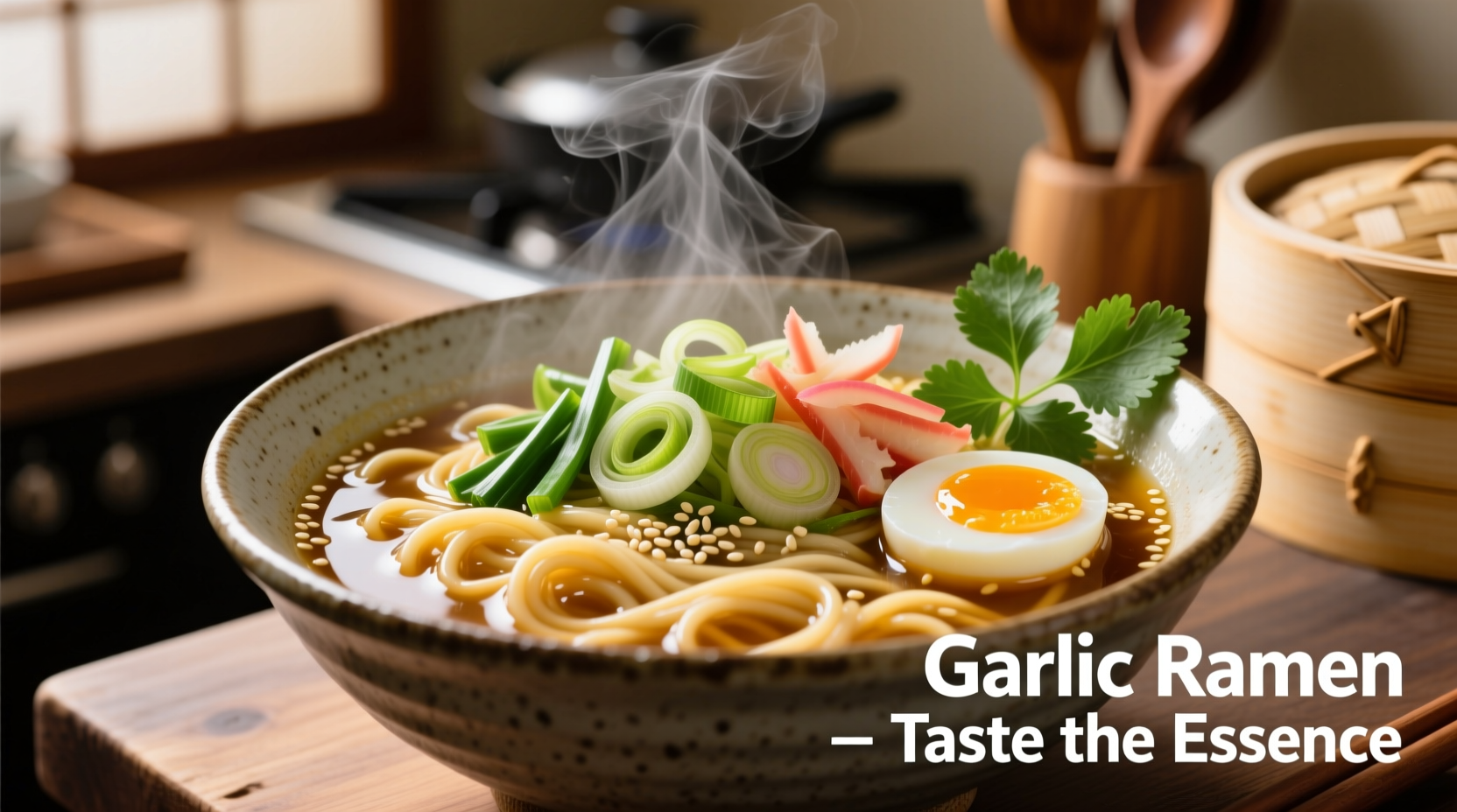 Steaming bowl of garlic ramen with fresh garnishes