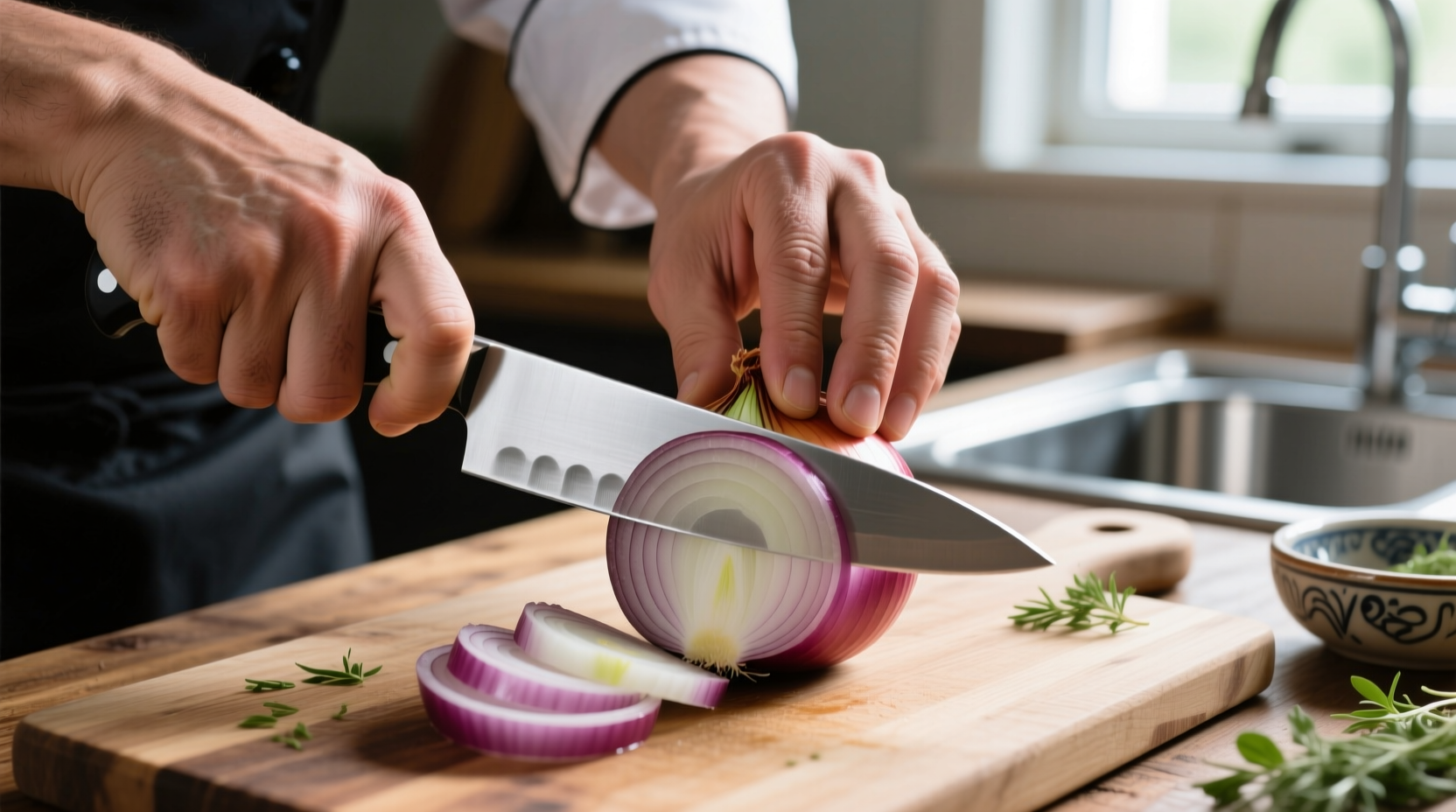 Chef's hand demonstrating proper onion slicing grip