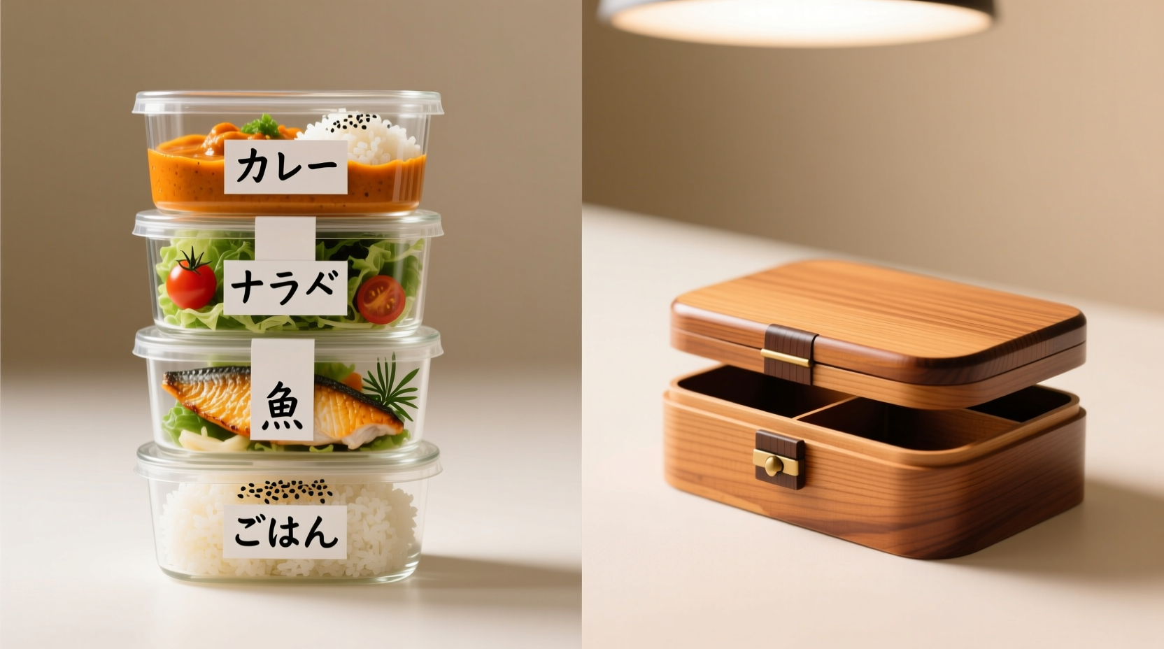 Side-by-side comparison: stacked, labeled glass containers with visible, colorful meals versus a closed bento box with indistinguishable compartments