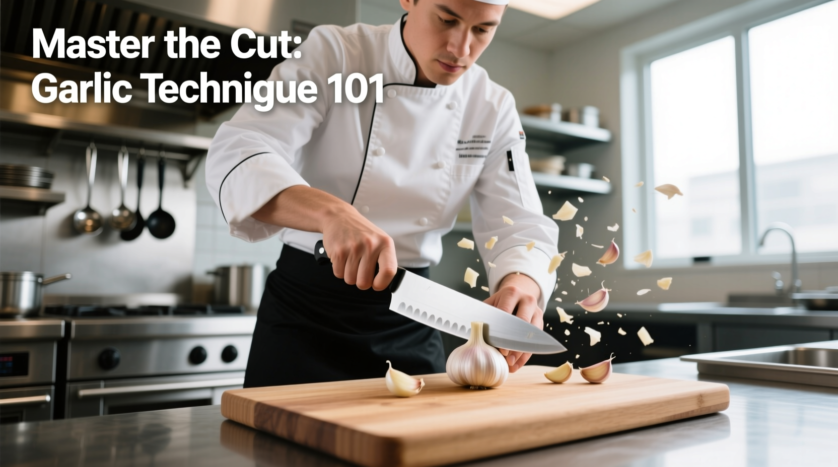 Professional chef demonstrating proper garlic cutting technique with chef's knife