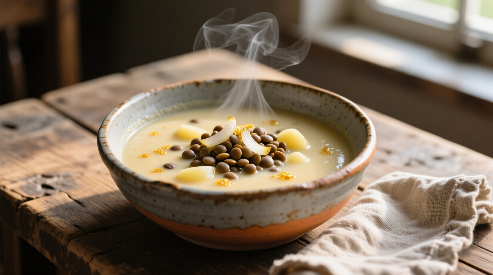 Creamy potato soup with lentils in rustic bowl