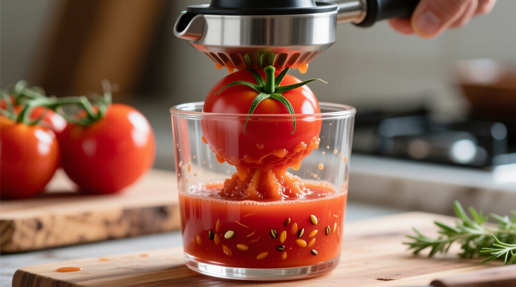 Fresh organic tomatoes being juiced in glass container