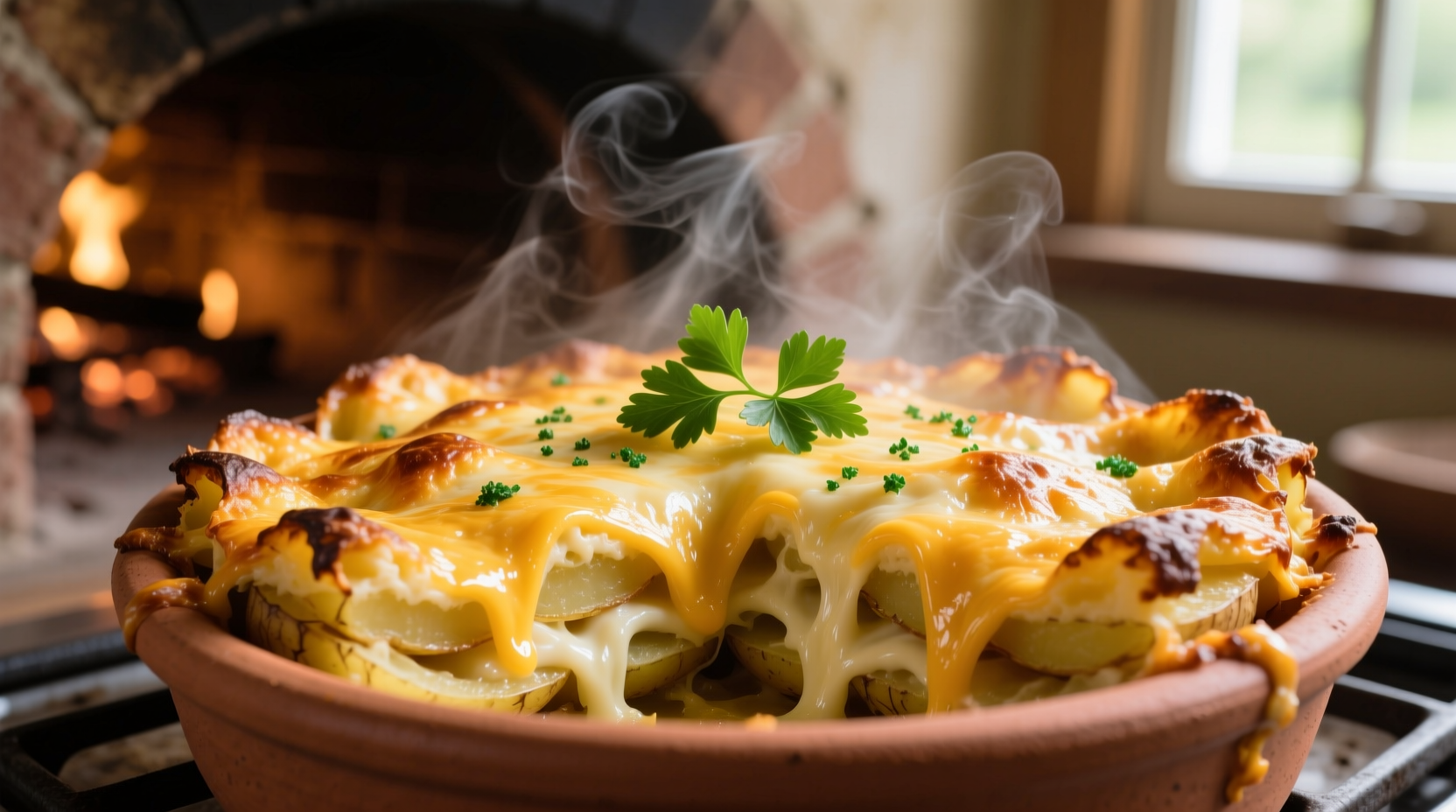 Golden potato and cheese casserole fresh from oven