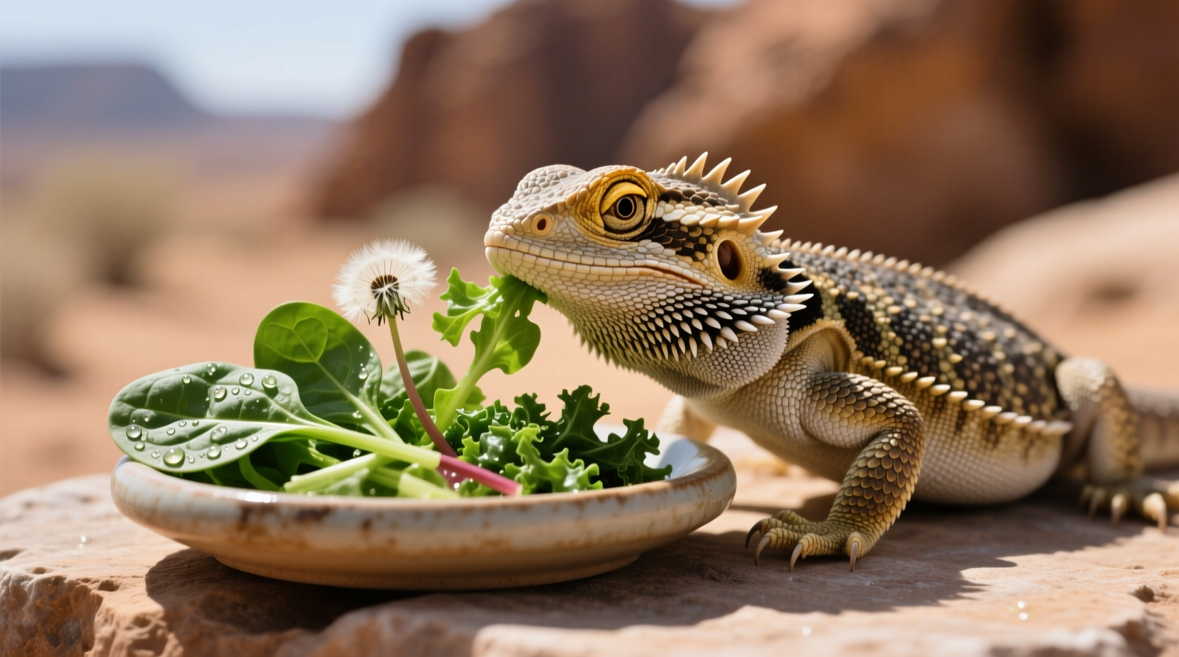 Bearded dragon eating safe greens from feeding dish