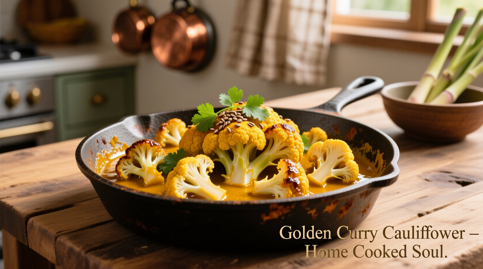 Golden curry cauliflower in cast iron skillet