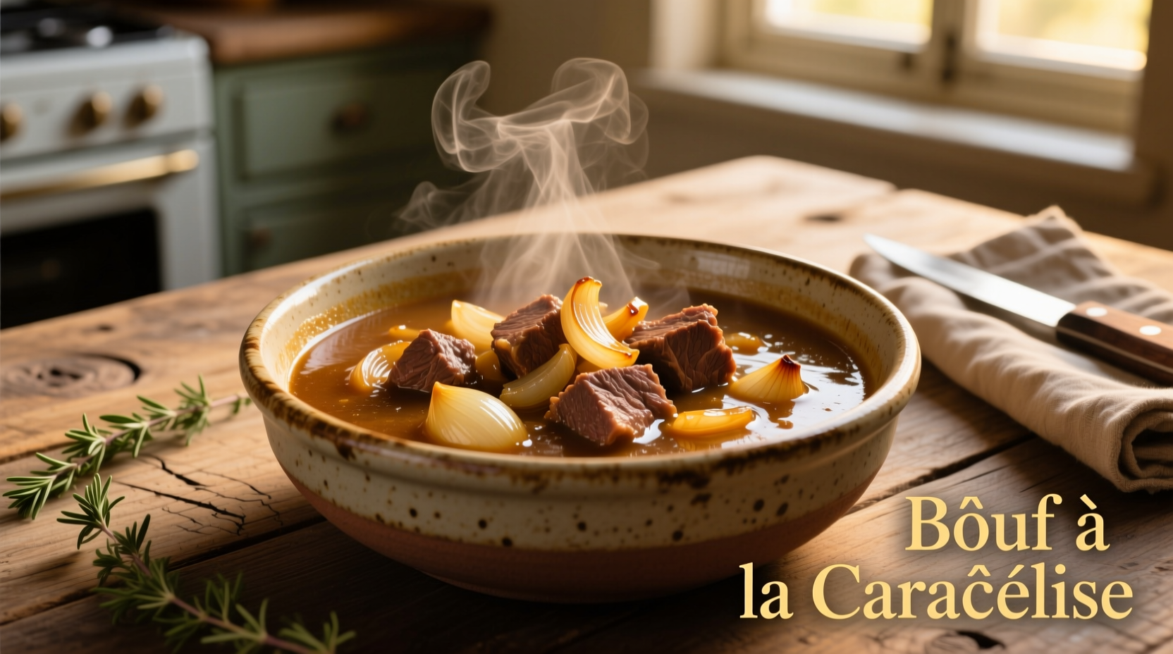 Golden French onion beef stew in ceramic bowl
