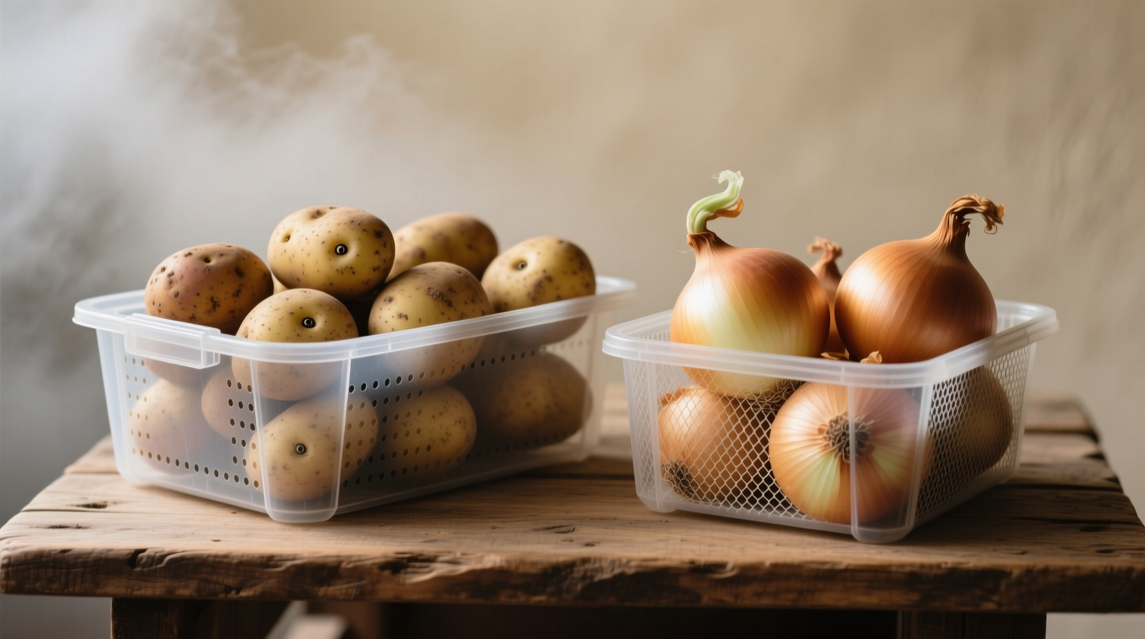 Properly stored potatoes and onions in separate ventilated containers