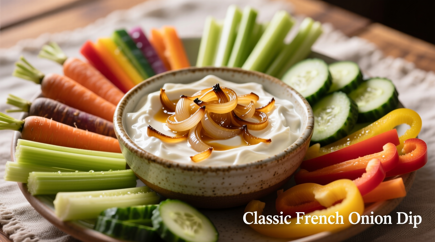 Creamy French onion dip in bowl surrounded by vegetable dippers