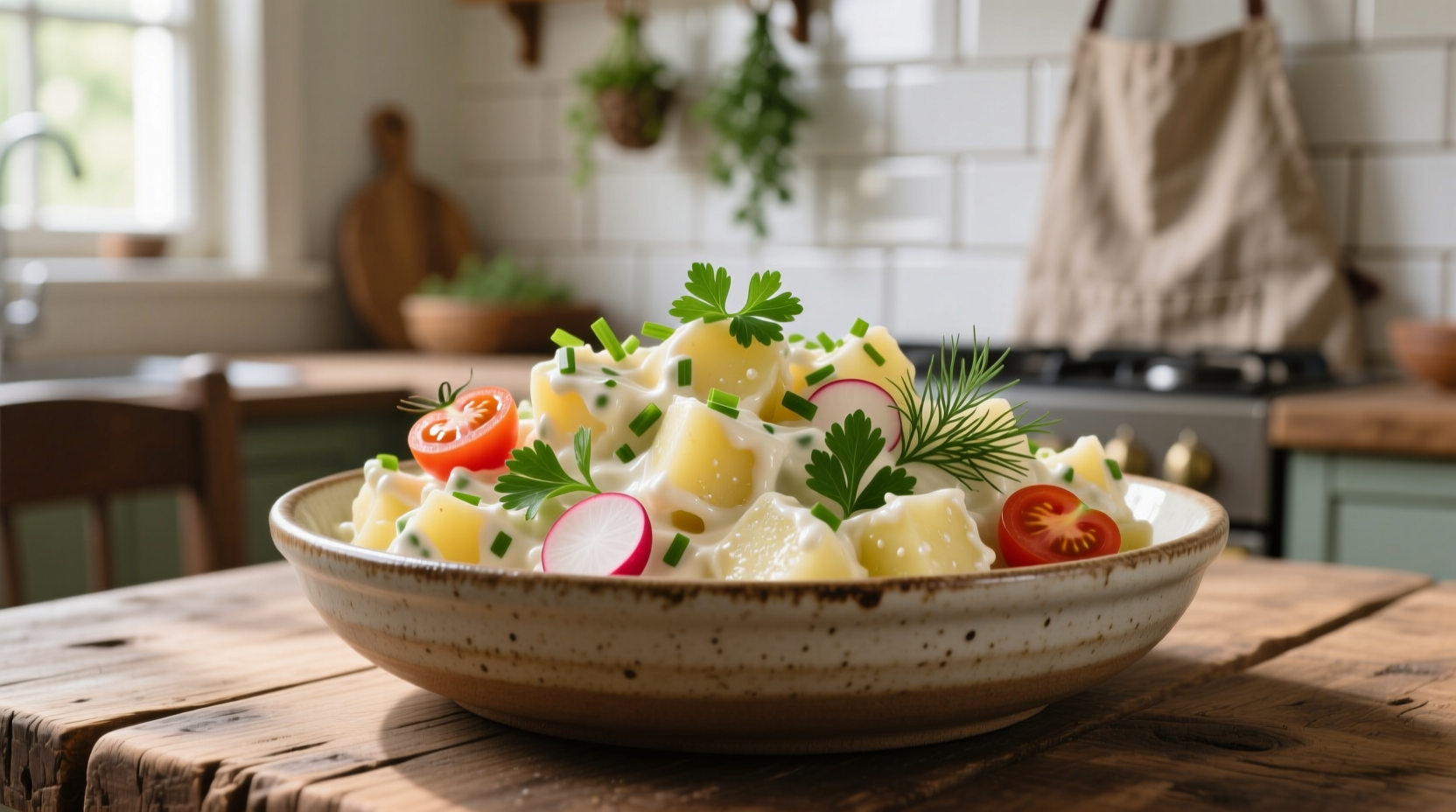 Creamy potato salad in serving bowl with fresh herbs