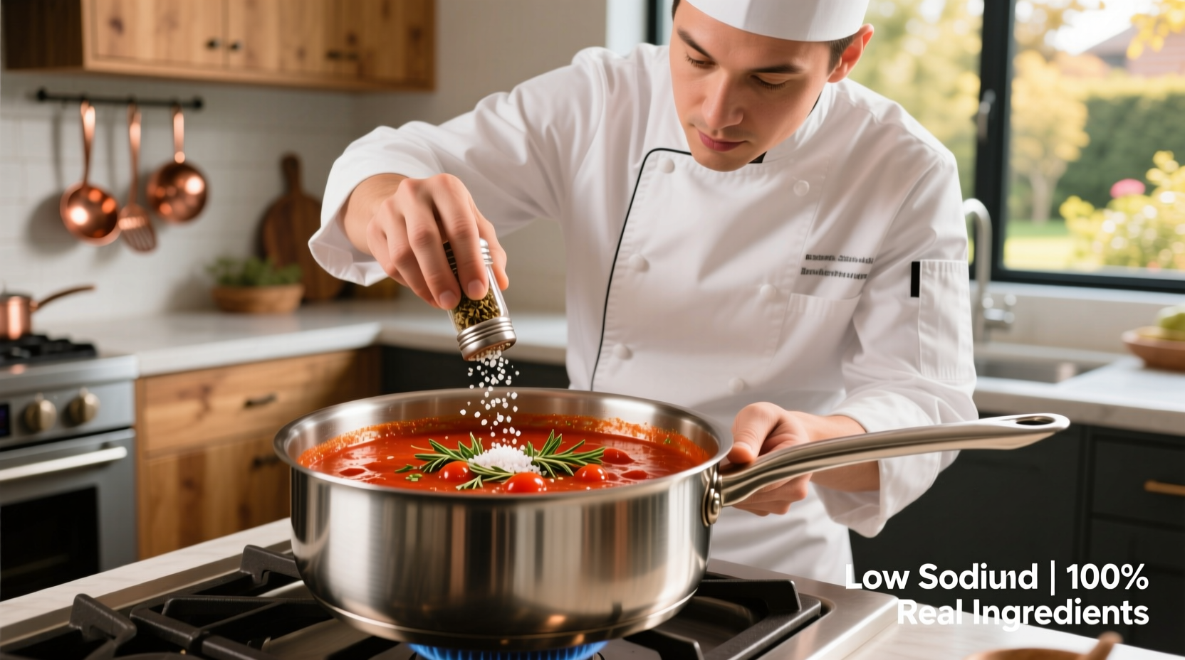 Chef seasoning low sodium tomato sauce in stainless steel pot