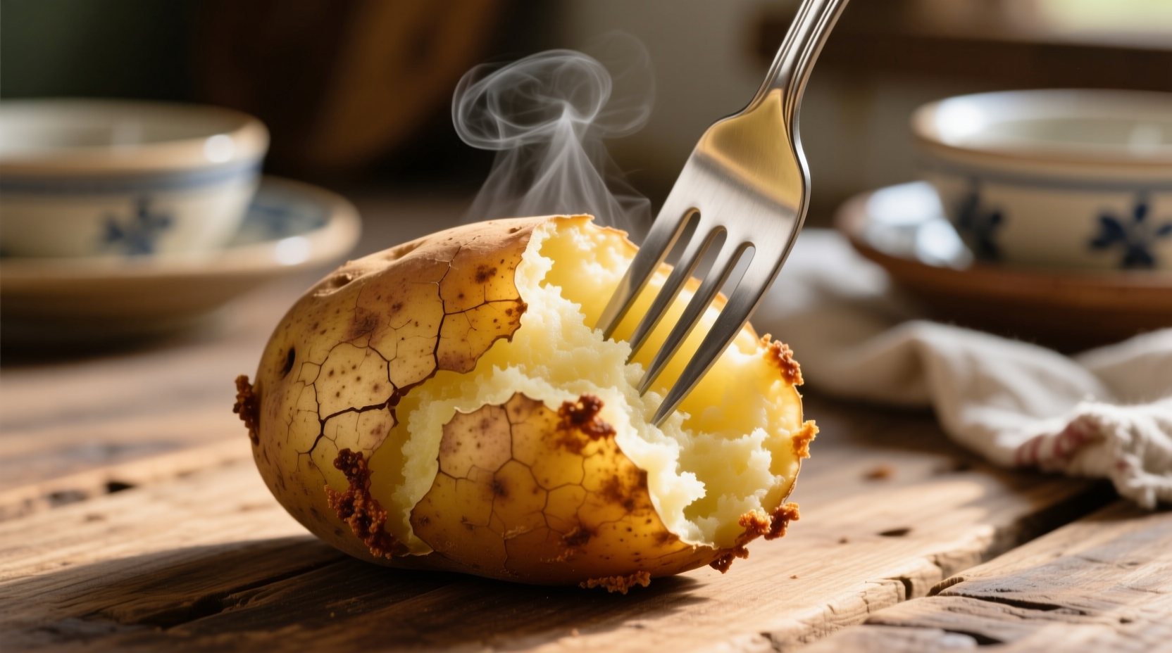 Perfectly baked russet potato with fork test