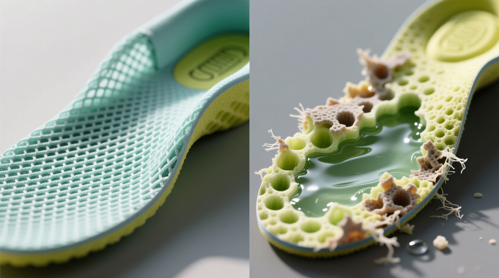 Side-by-side macro photos: left shows intact, springy mesh sneaker insole foam under natural light; right shows same model after improper soaking—visible cell collapse, edge fraying, and discoloration