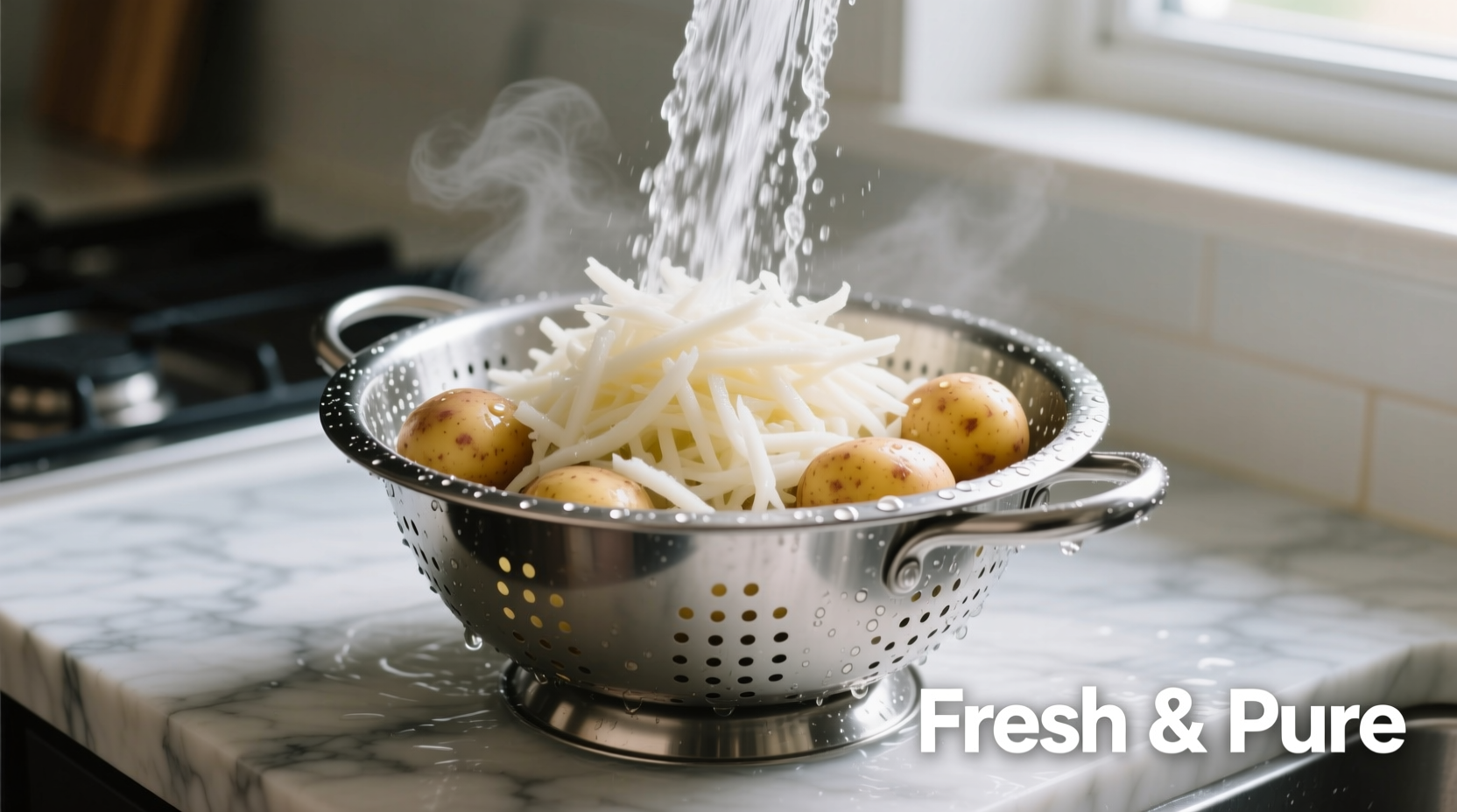 Freshly grated russet potatoes in colander rinsing