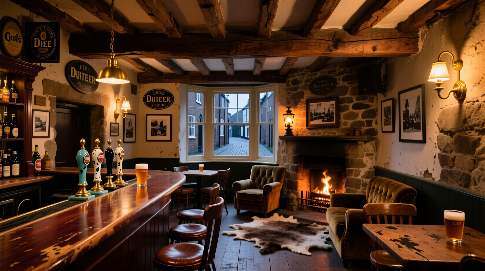 Traditional British gastropub interior with wooden beams