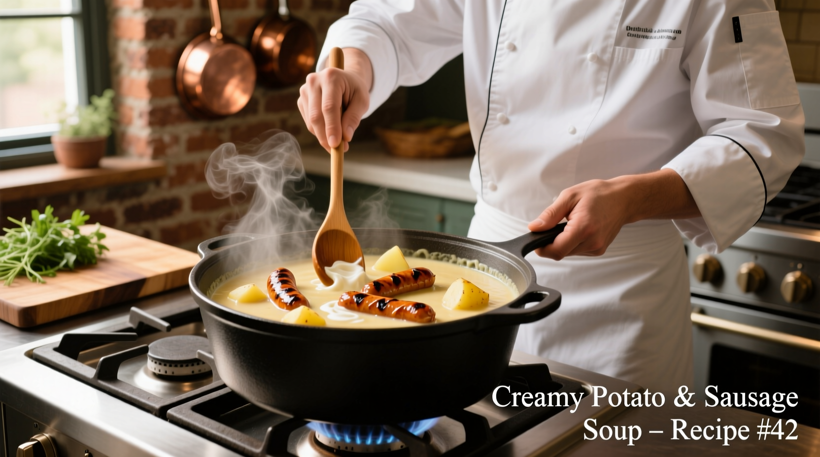 Chef preparing creamy potato soup with sausage in cast iron pot