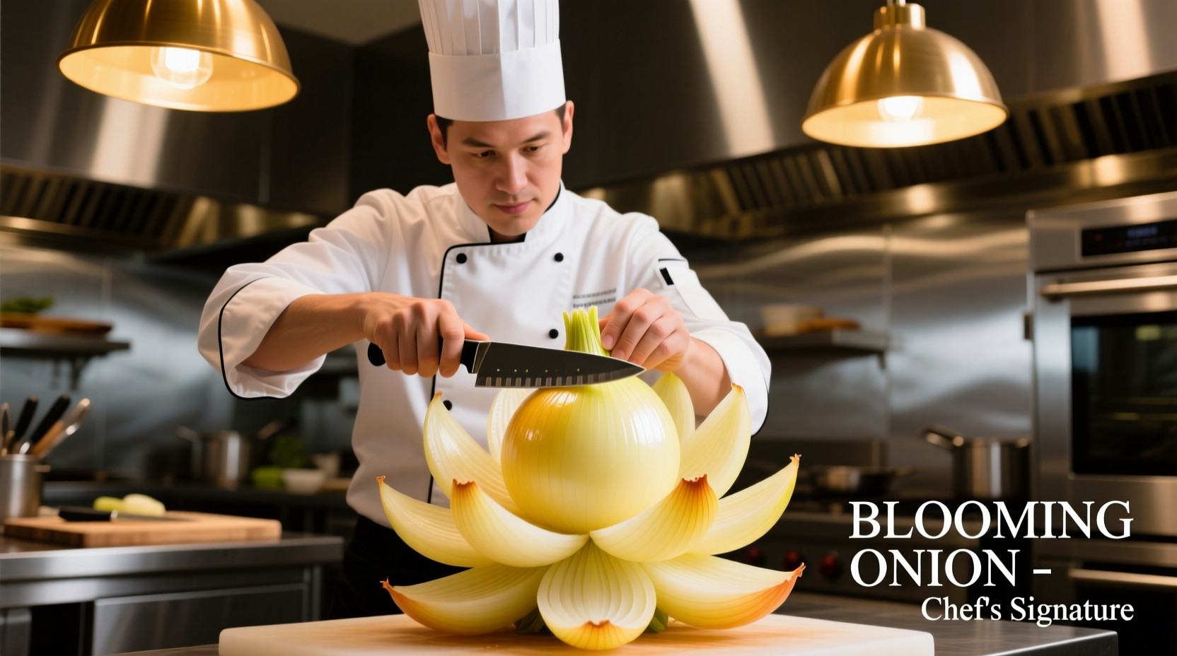 Professional chef using onion cutter to create blooming onion