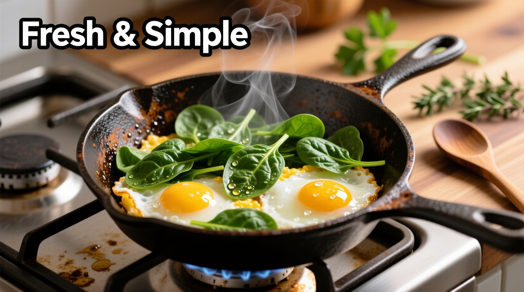Fresh spinach and eggs cooking in cast iron skillet