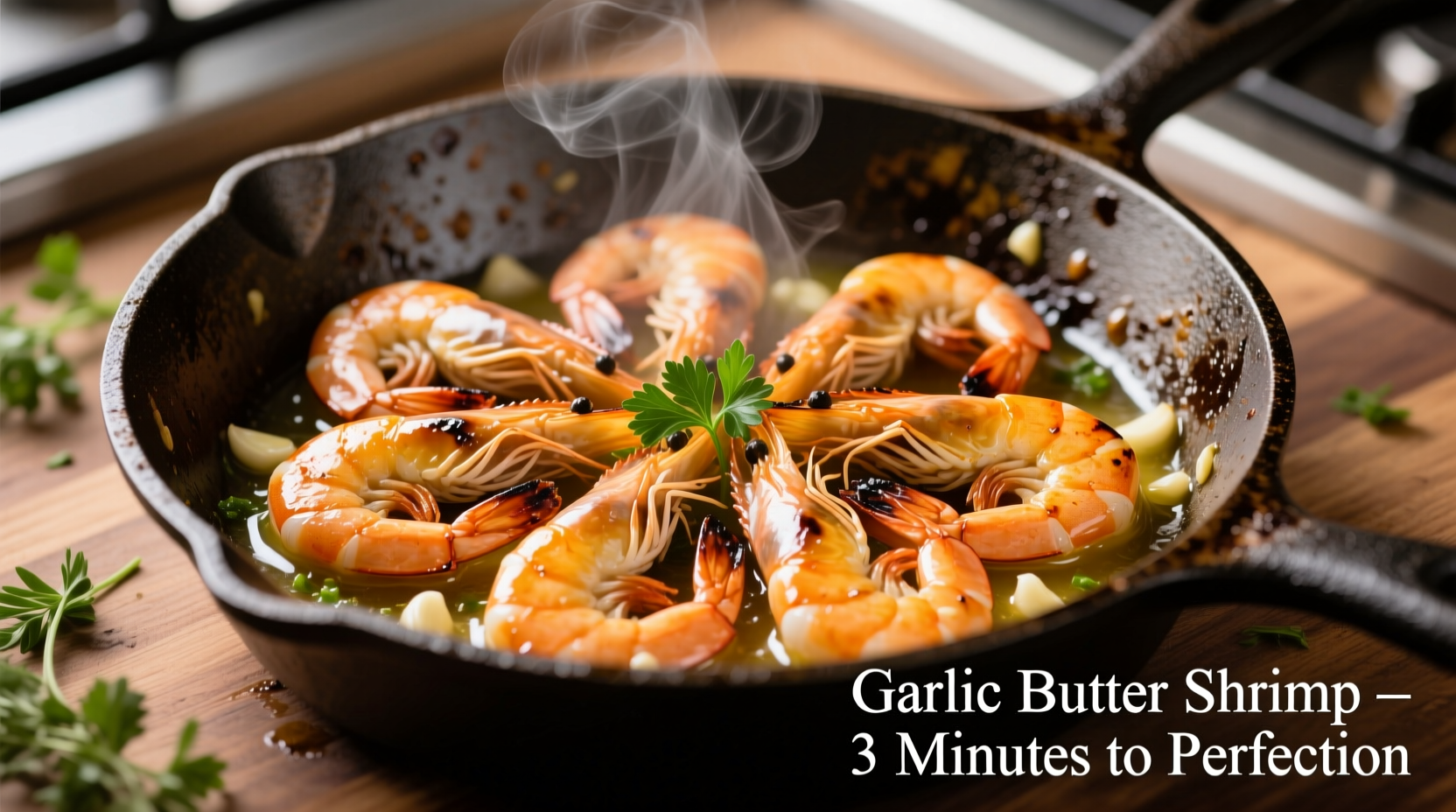 Perfectly cooked garlic butter shrimp in skillet