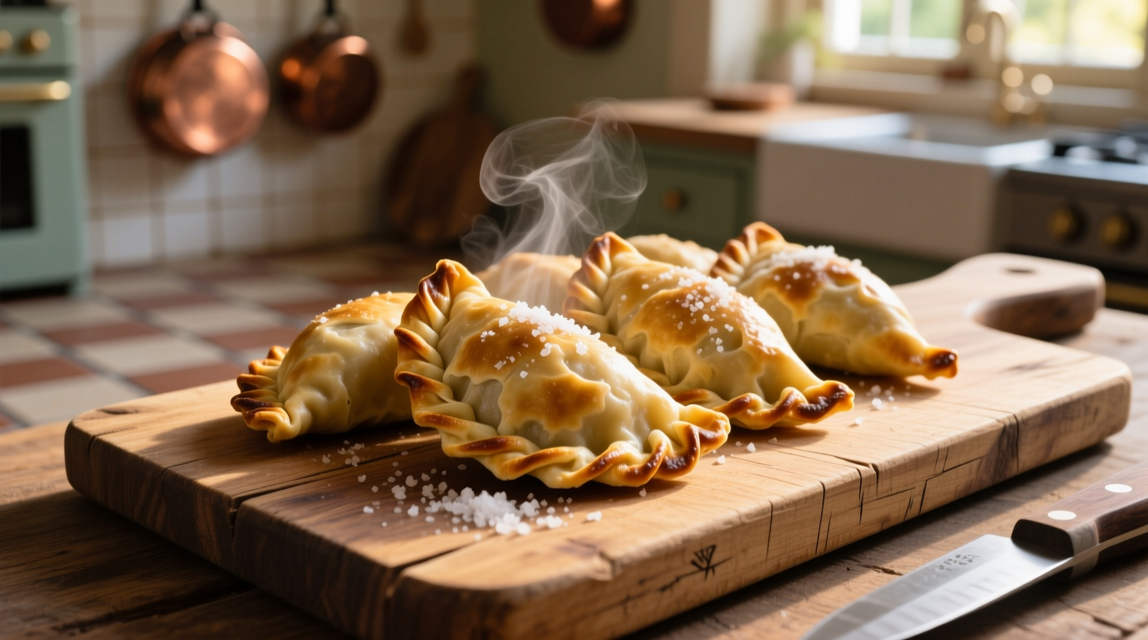 Golden brown potato empanadas on wooden cutting board