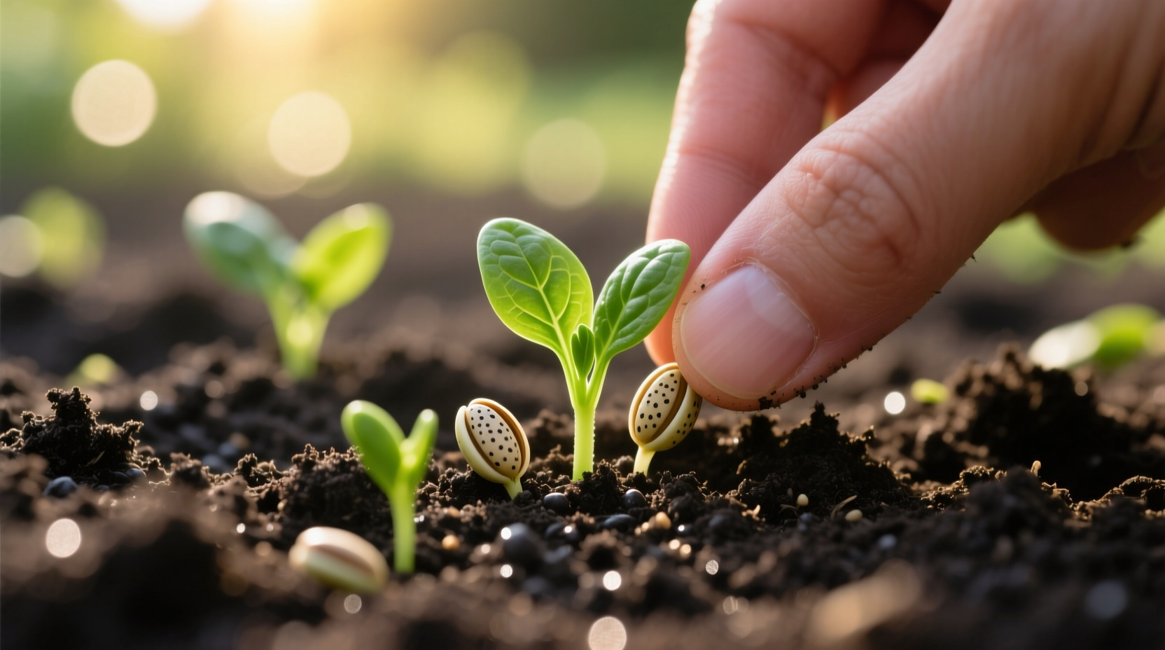 Close-up of spinach seeds being planted in garden soil