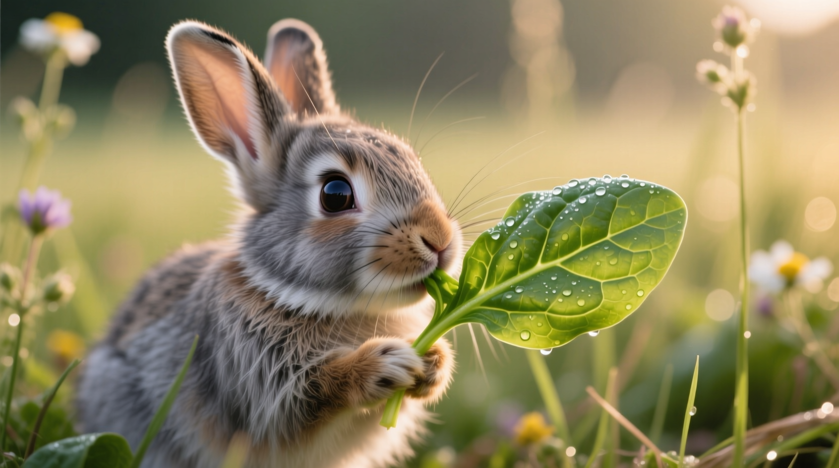 Rabbit carefully nibbling on small spinach leaf