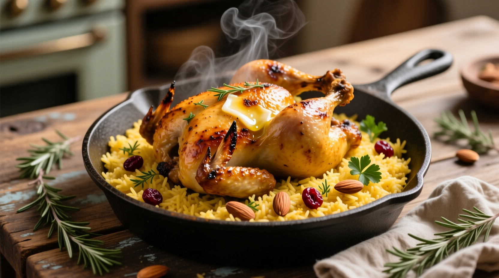 Golden chicken and rice in cast iron skillet