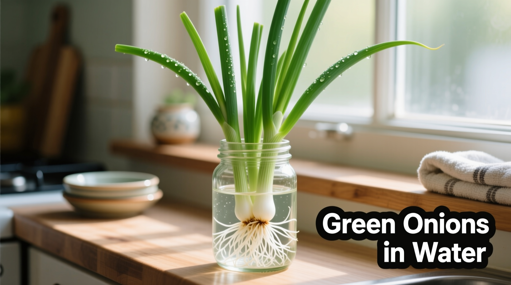 Green onions growing in water on kitchen windowsill