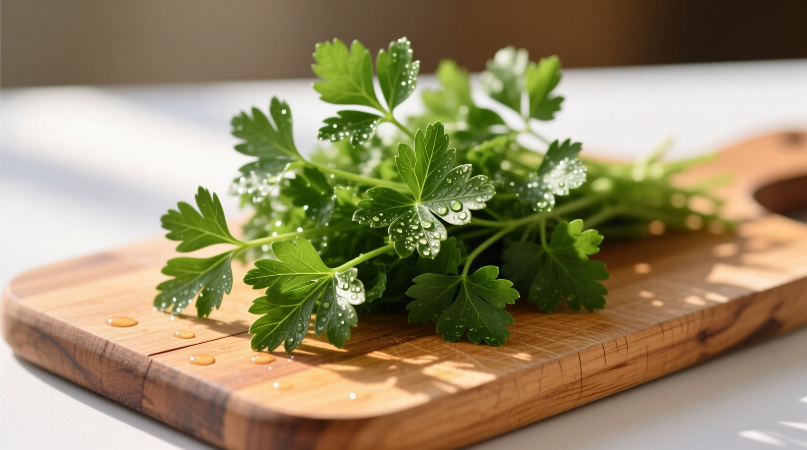 Fresh flat-leaf parsley sprigs on wooden cutting board