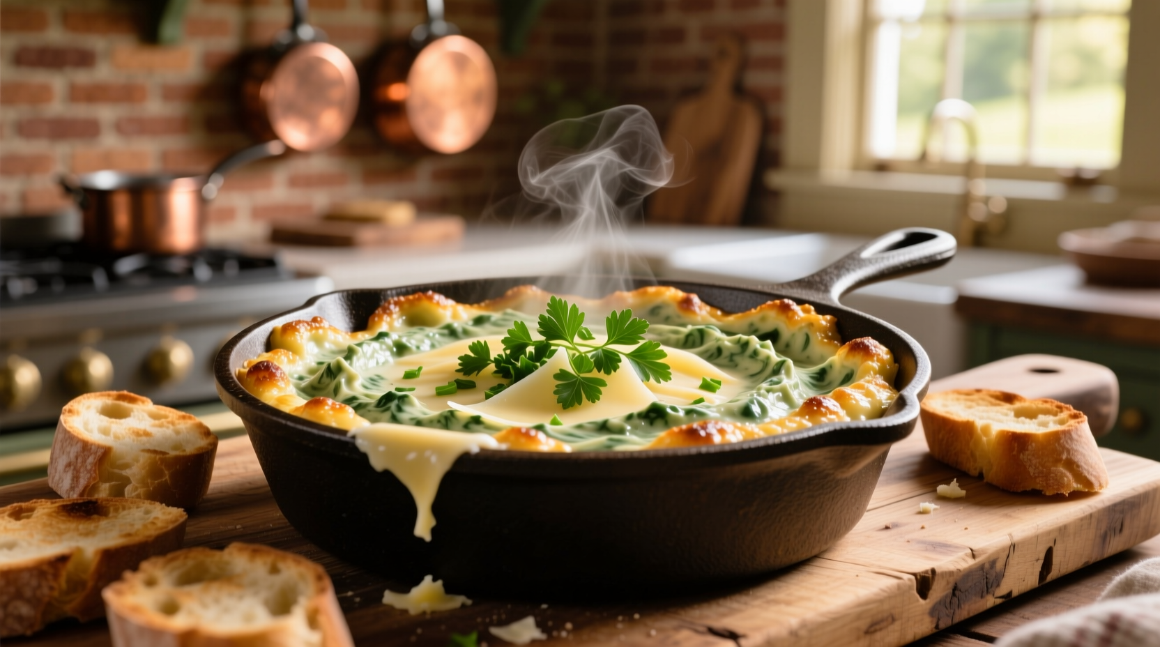 Creamy spinach artichoke dip served in cast iron skillet