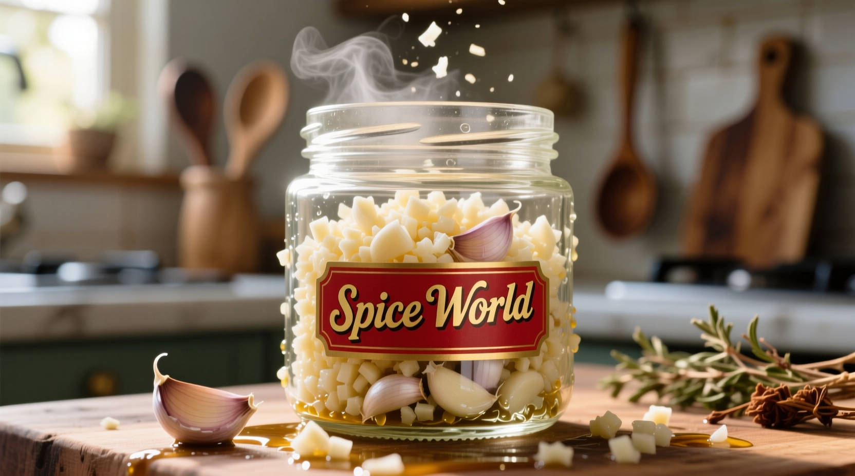 Close-up of Spice World garlic minced in glass jar