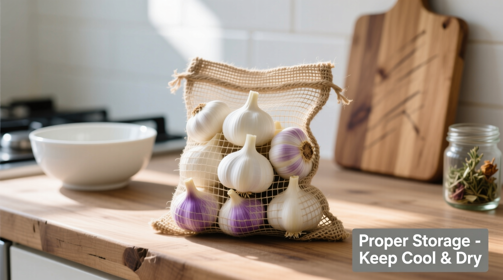 Garlic cloves in mesh bag with proper storage conditions