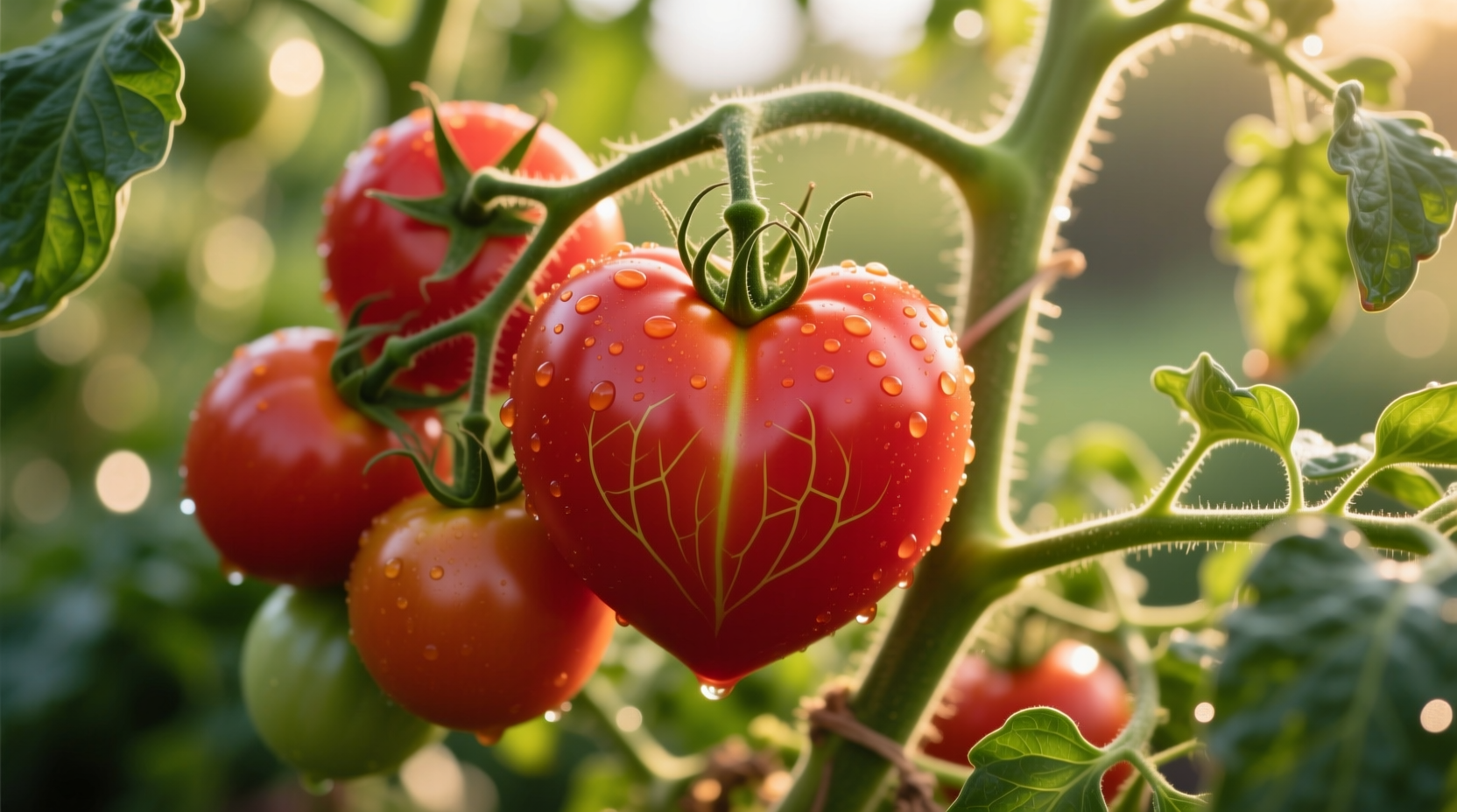 Ripe oxheart tomatoes on vine showing distinctive heart shape