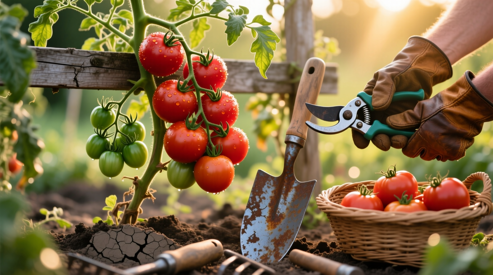 Fresh tomatoes on vine with gardening tools