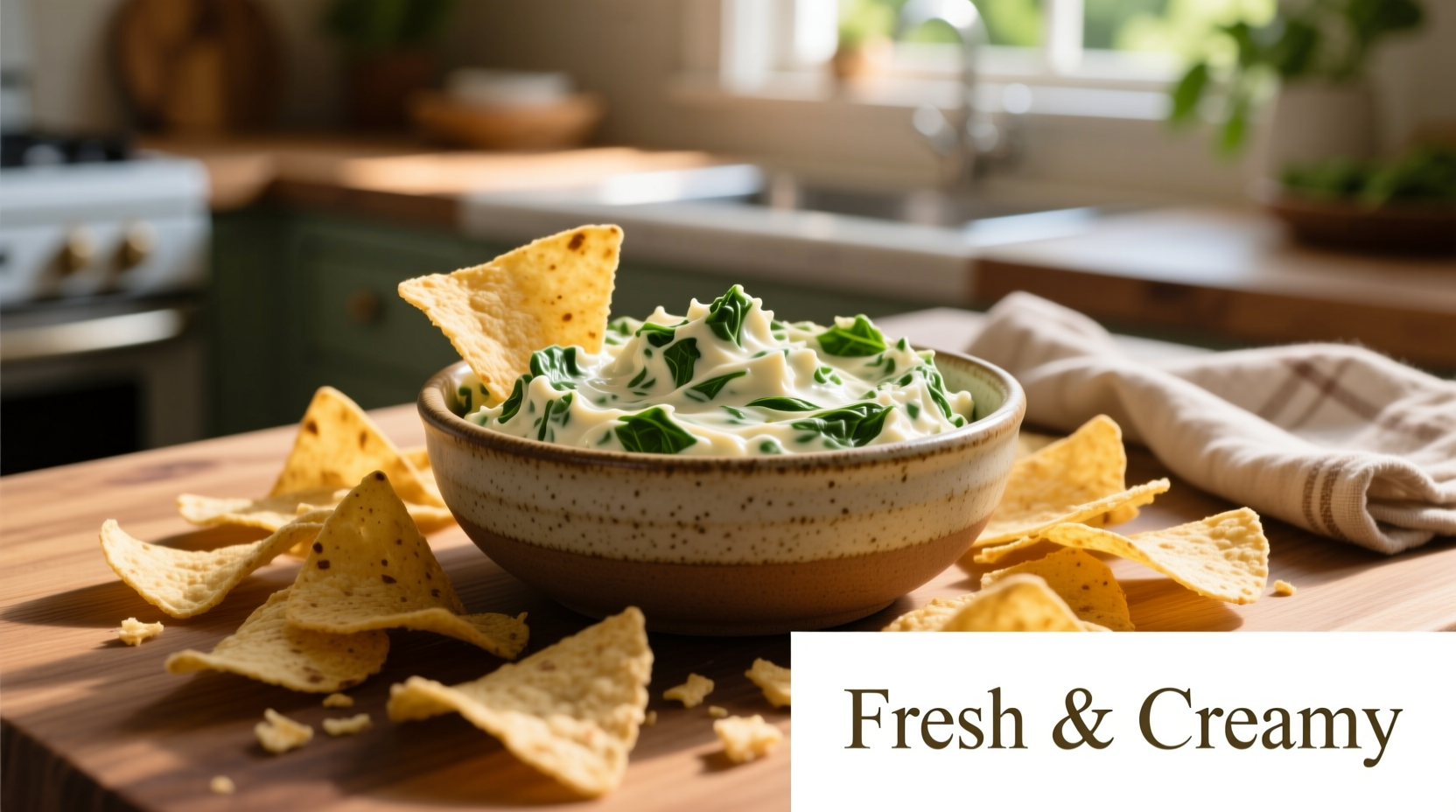 Creamy spinach dip in ceramic bowl with tortilla chips