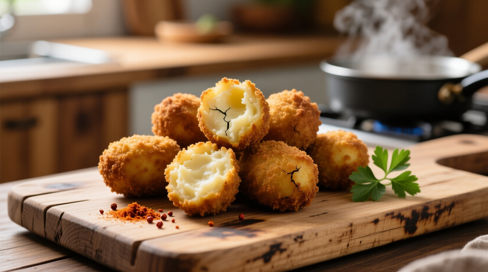 Golden brown mashed potato croquettes on wooden board