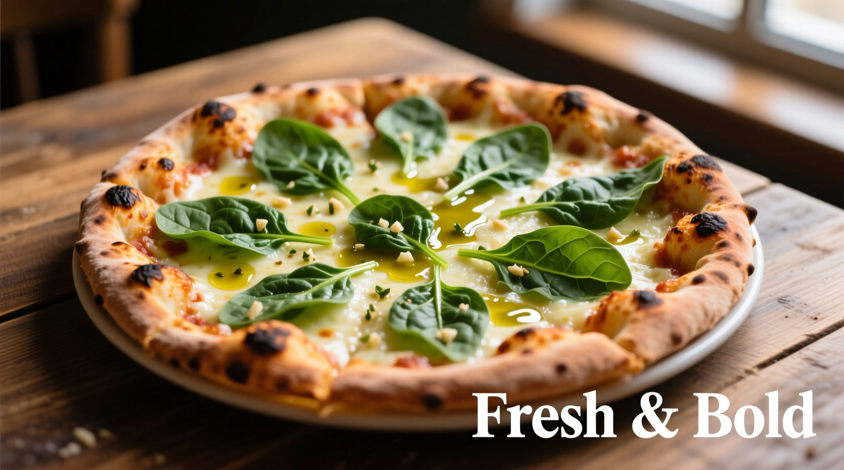 Fresh spinach pizza with melted cheese and garlic