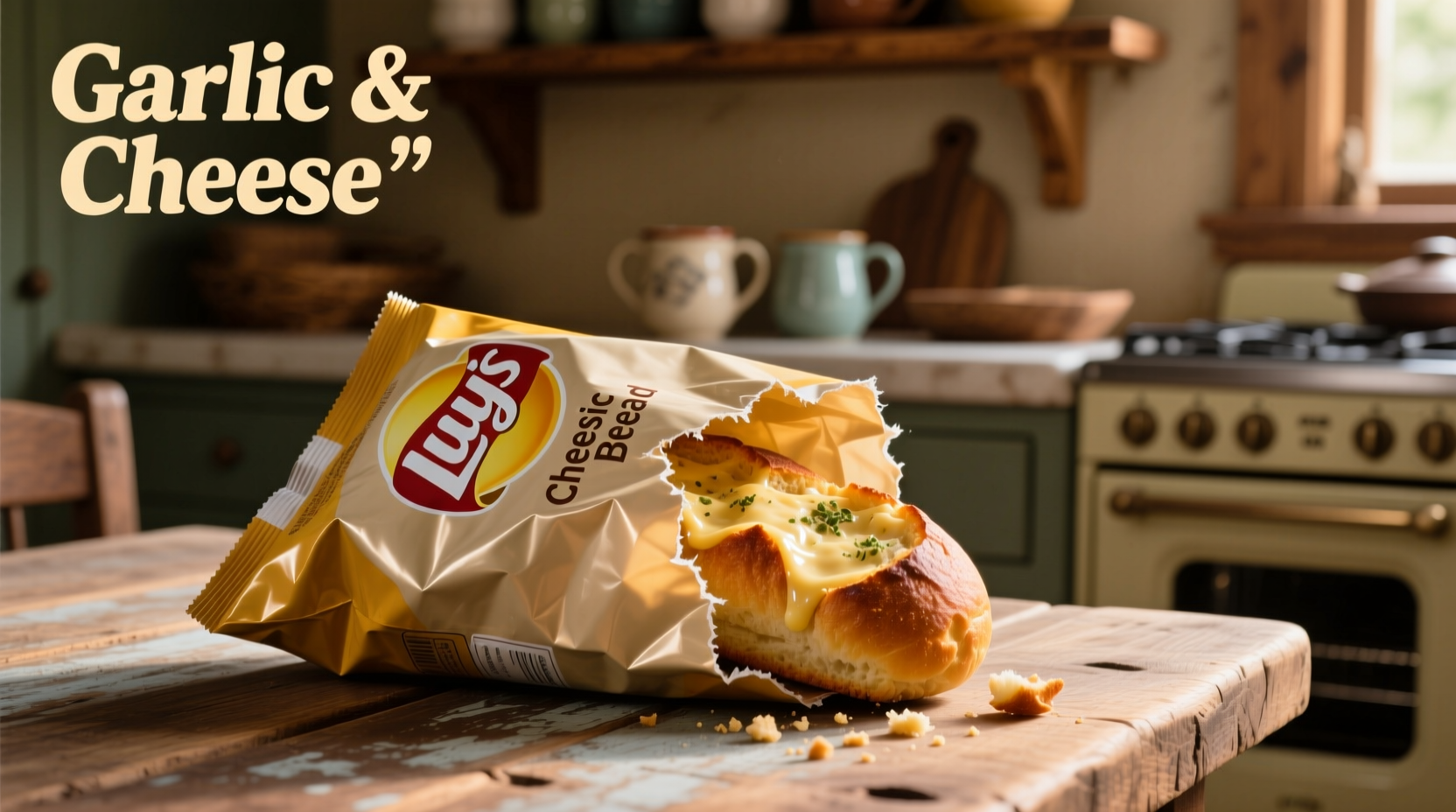 Cheesy Garlic Bread Lays bag on wooden table