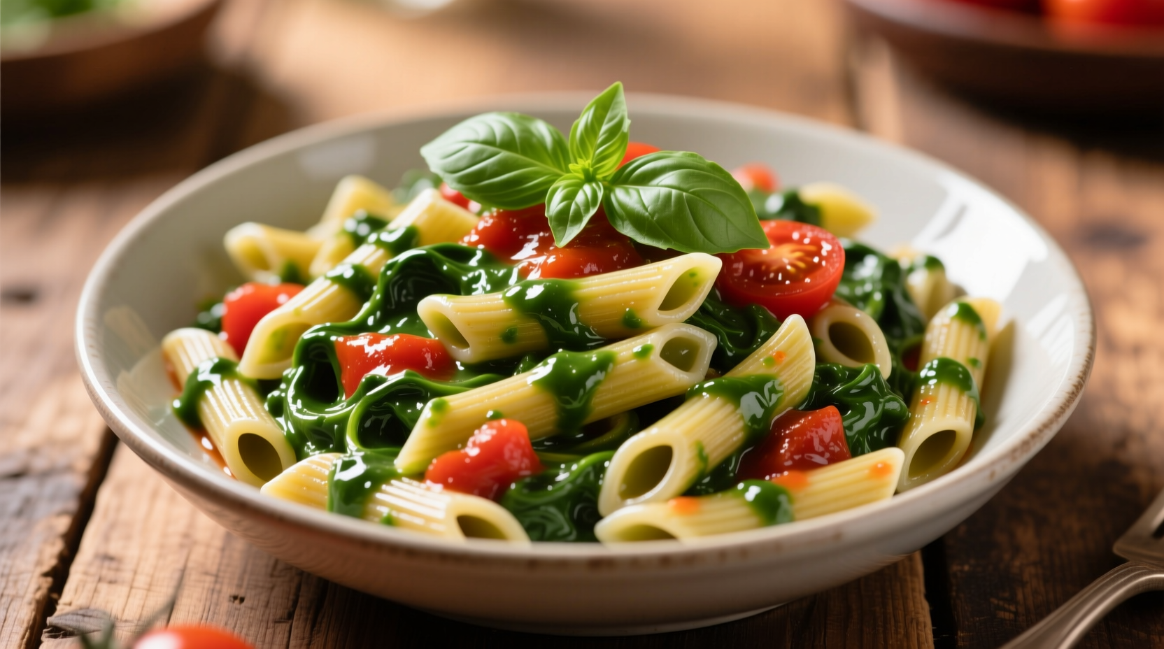 Vibrant green spinach tomato sauce coating penne pasta